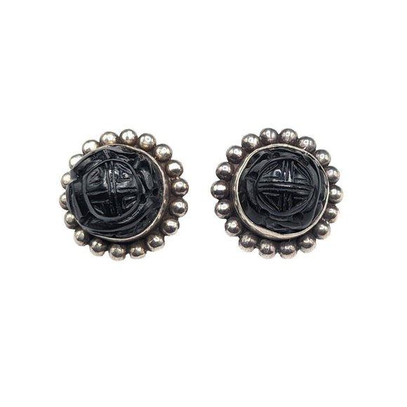 Unsigned Stephen Dweck Sterling Silver Carved Black Shao Design Clip On Earrings - Picture 11 of 11